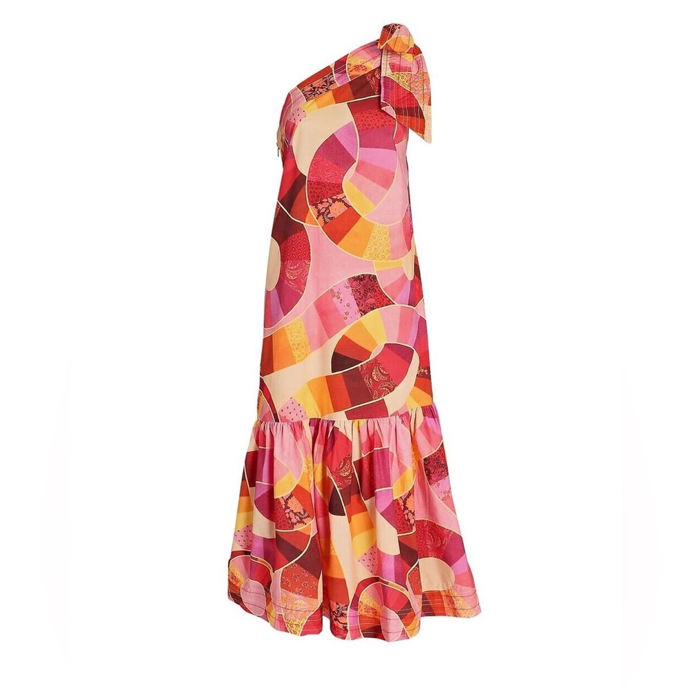FARM Rio One-Shoulder Midi Dress in Pink, Red, Orange, Yellow